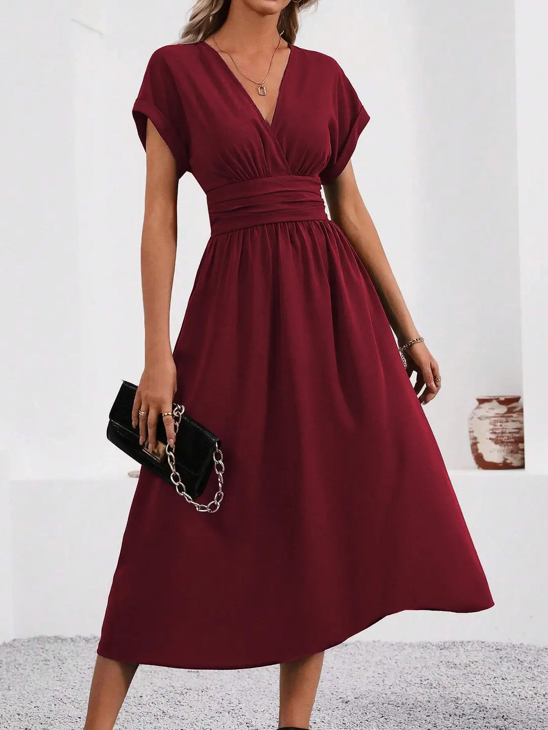 Elegant V-Neck Dress with Pleated Waist for Pakistani Summer Events