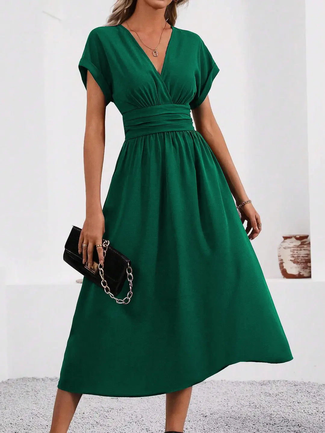 Elegant V-Neck Dress with Pleated Waist for Pakistani Summer Events