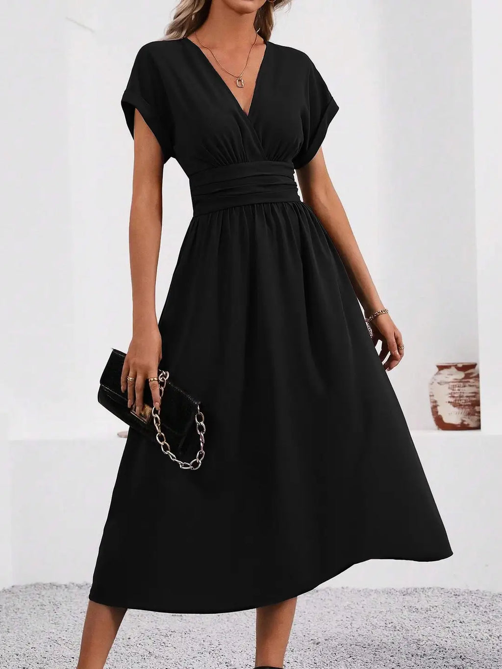 Elegant V-Neck Dress with Pleated Waist for Pakistani Summer Events