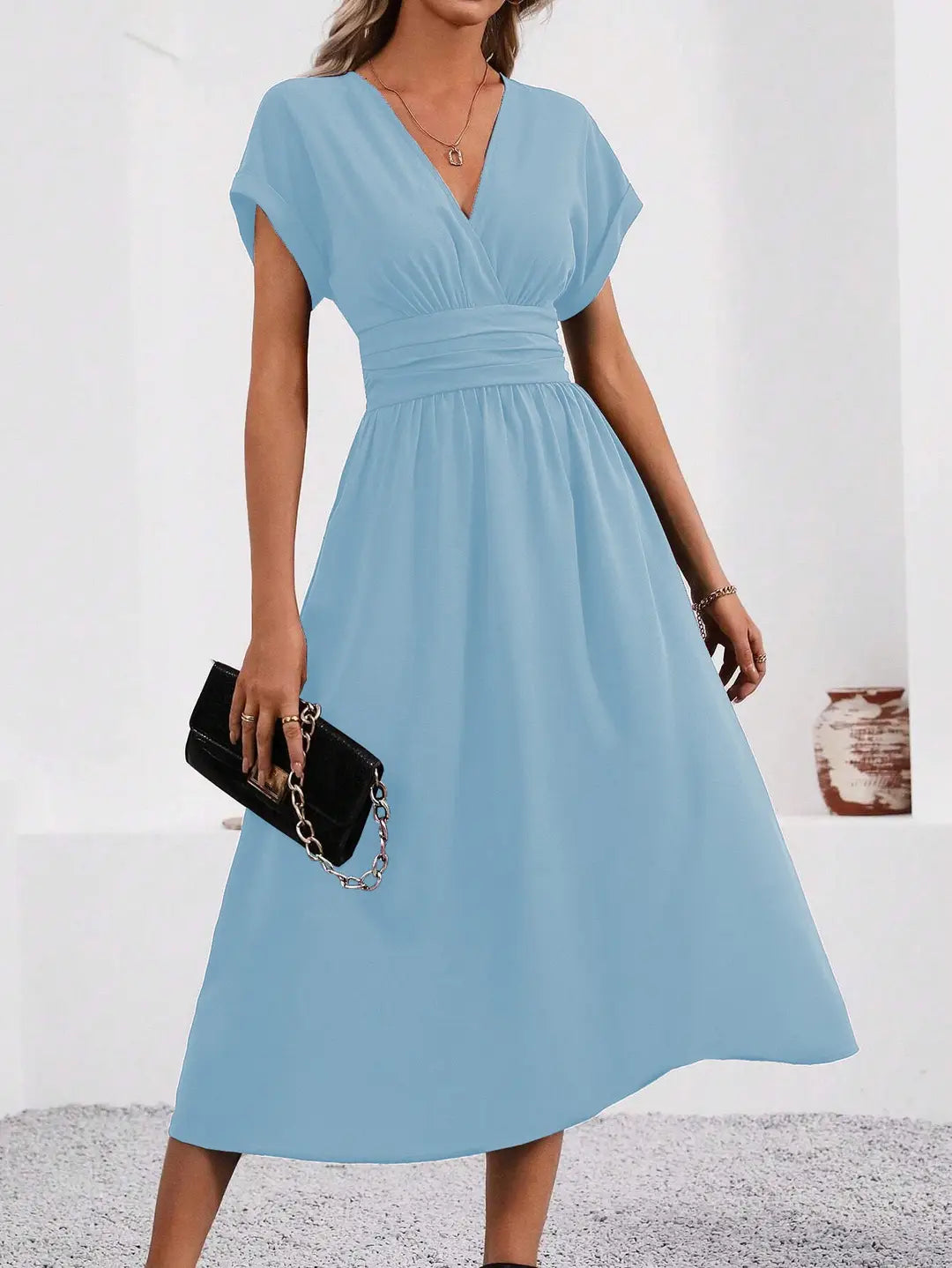 Elegant V-Neck Dress with Pleated Waist for Pakistani Summer Events
