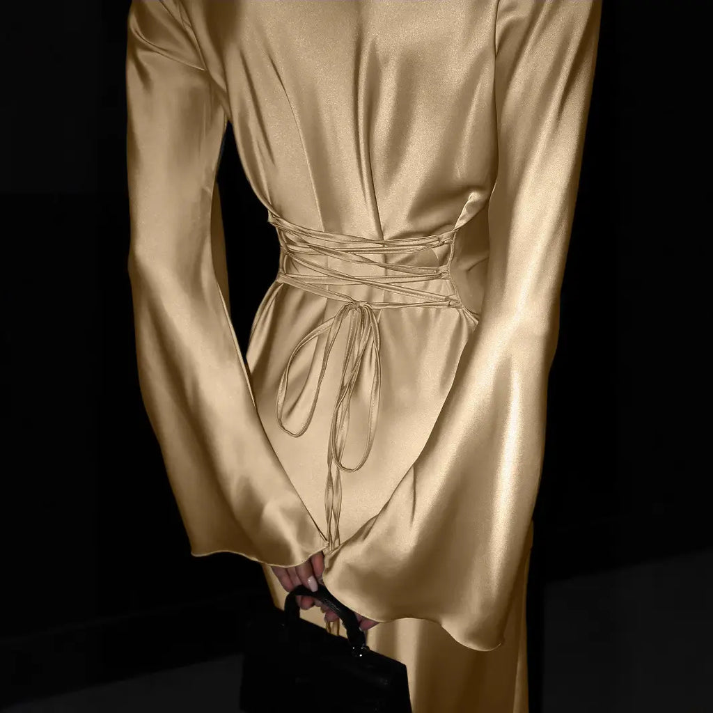 Long Sleeve Satin Dress for Women Wedding Party Wear