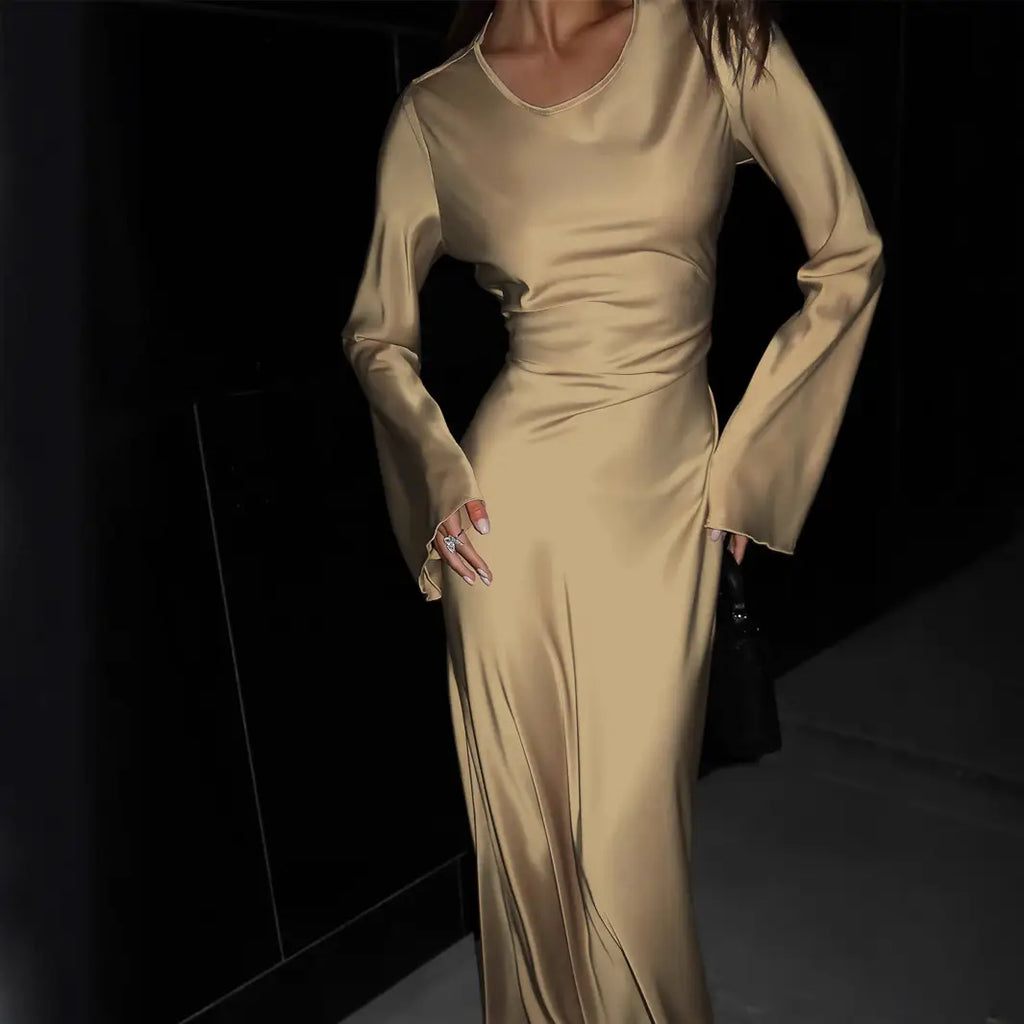 Long Sleeve Satin Dress for Women Wedding Party Wear