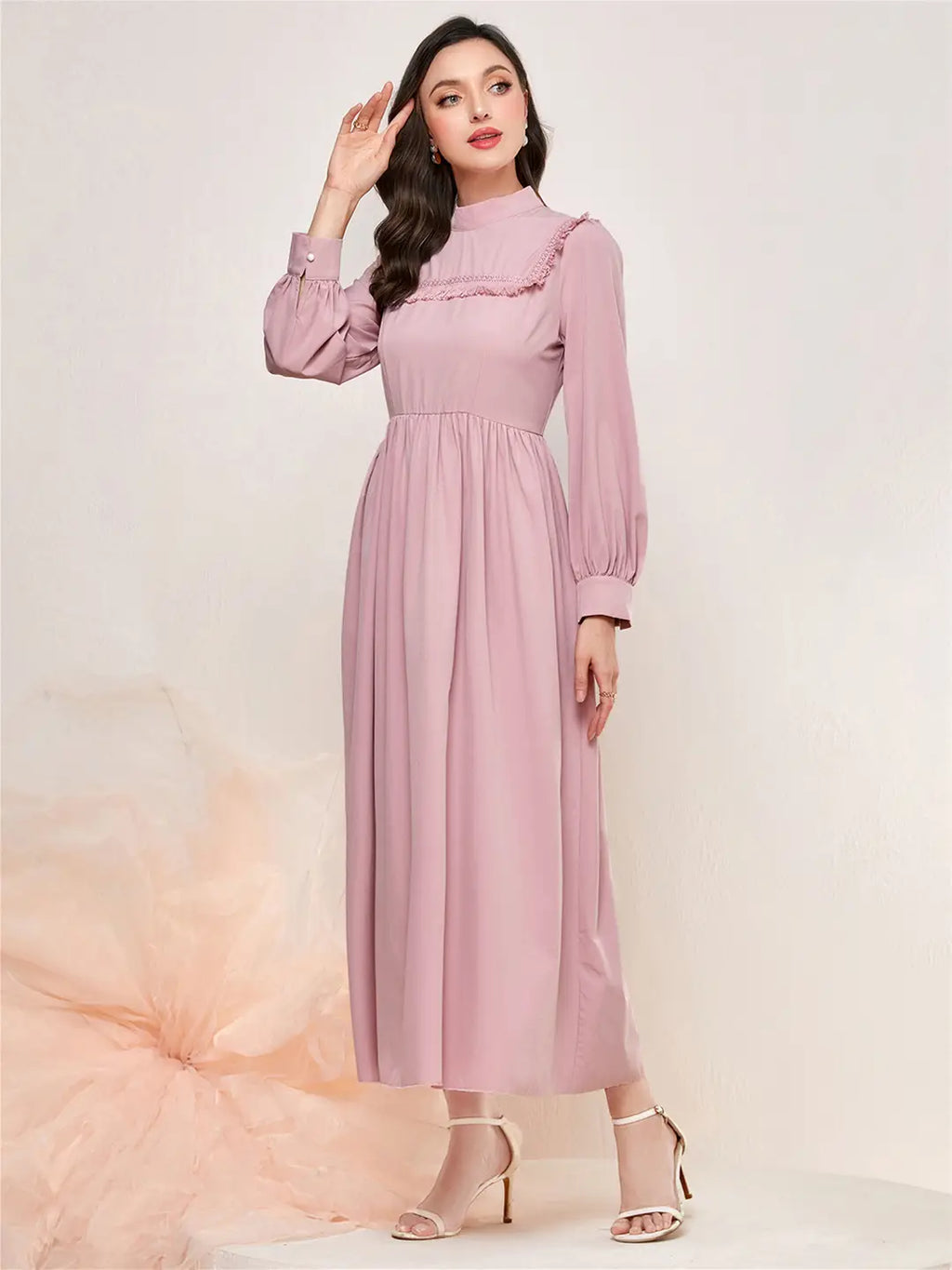 Pink Long Sleeve Mid Waist Dress for Women