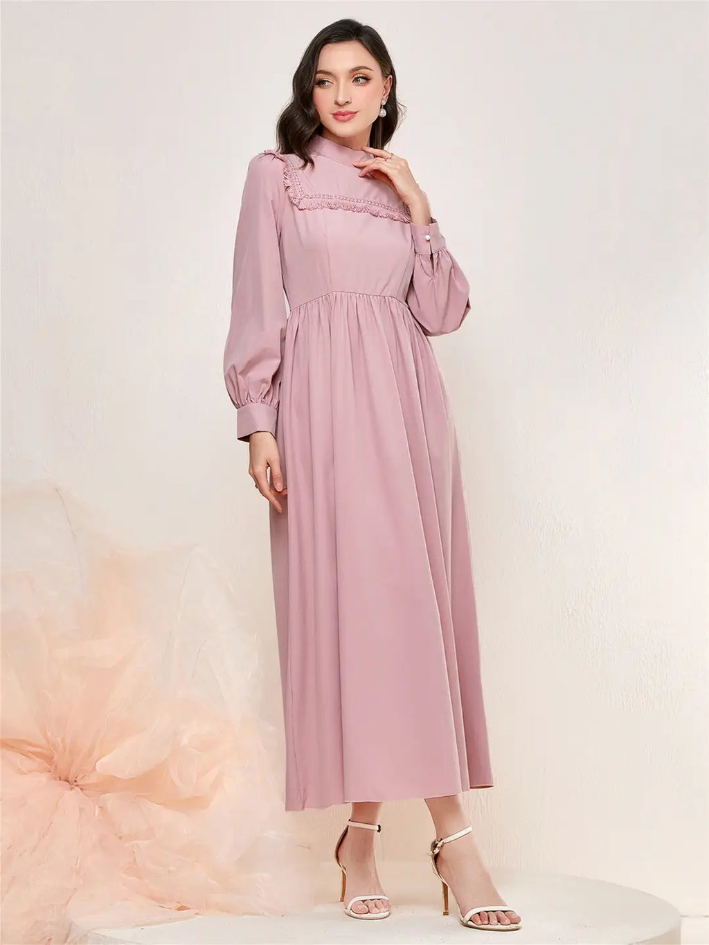 Pink Long Sleeve Mid Waist Dress for Women