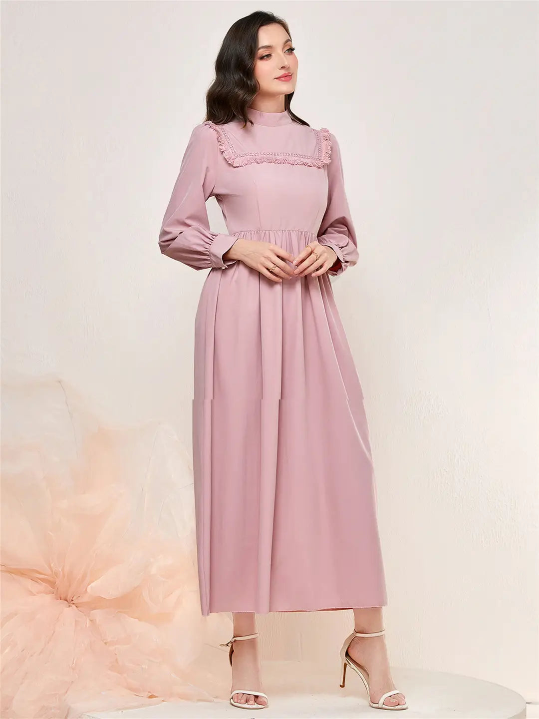 Pink Long Sleeve Mid Waist Dress for Women
