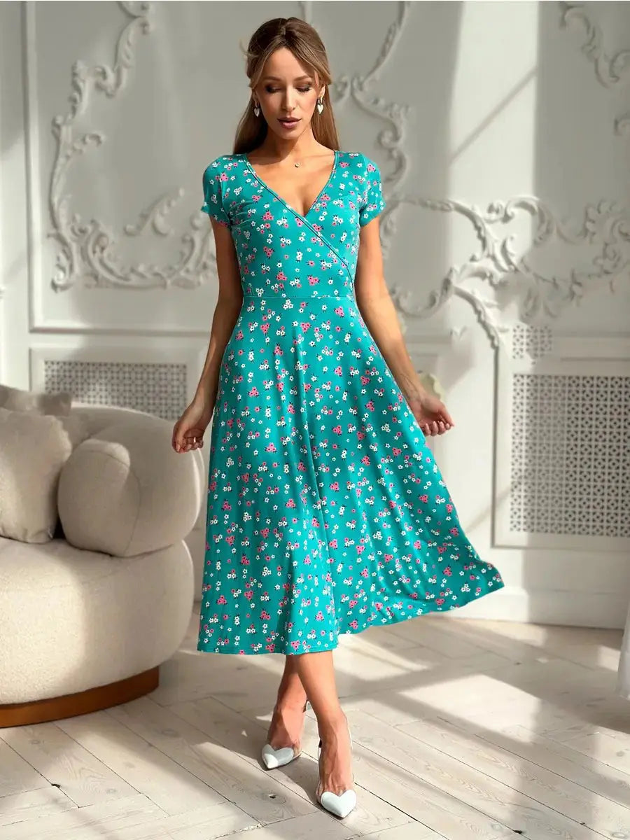 Turquoise Floral V-Neck Dress for Women