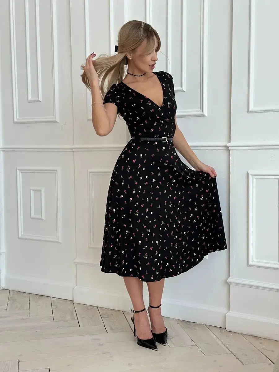 Turquoise Floral V-Neck Dress for Women