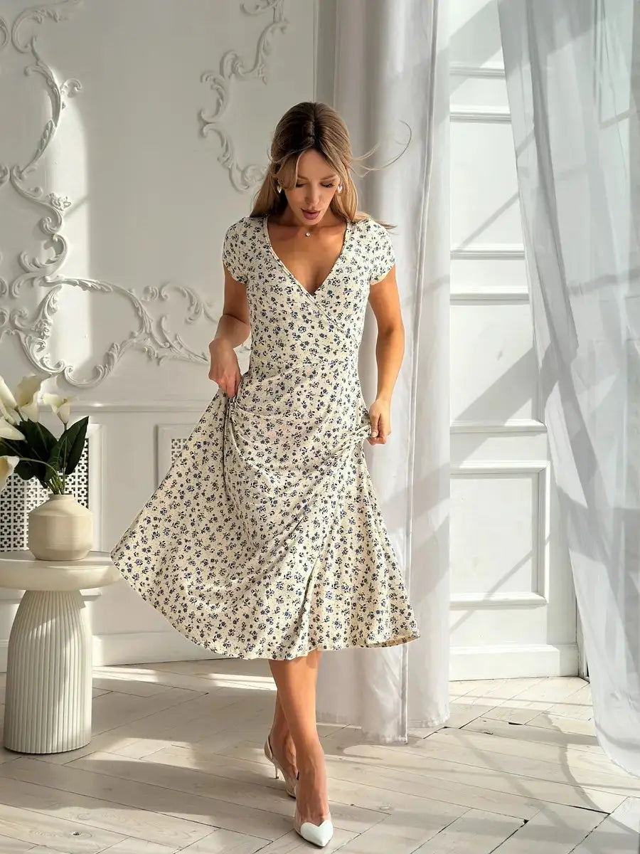 Turquoise Floral V-Neck Dress for Women
