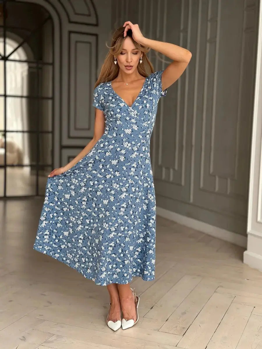 Turquoise Floral V-Neck Dress for Women