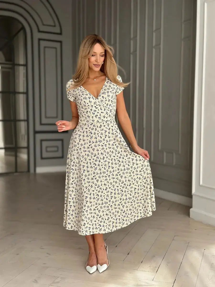 Turquoise Floral V-Neck Dress for Women