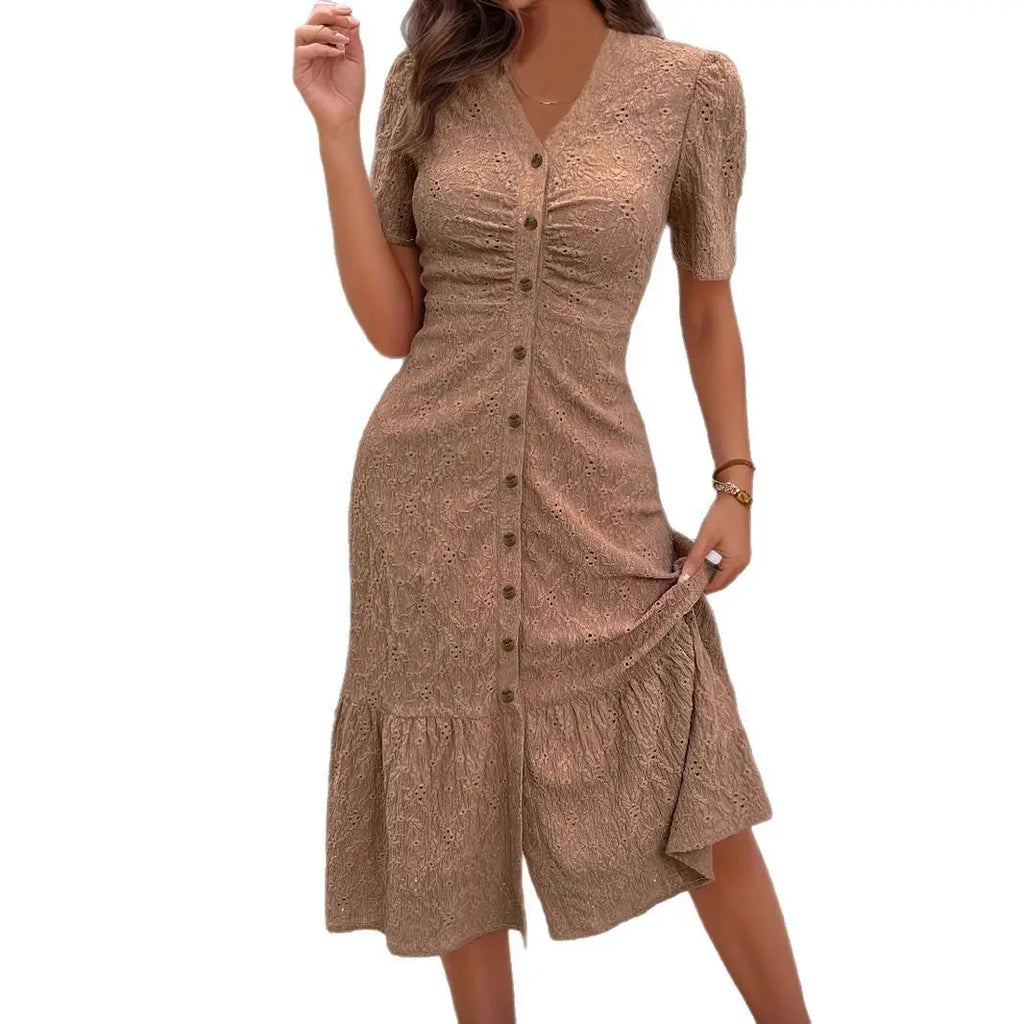 Women V-Neck Button Dress Light Green Side Slit
