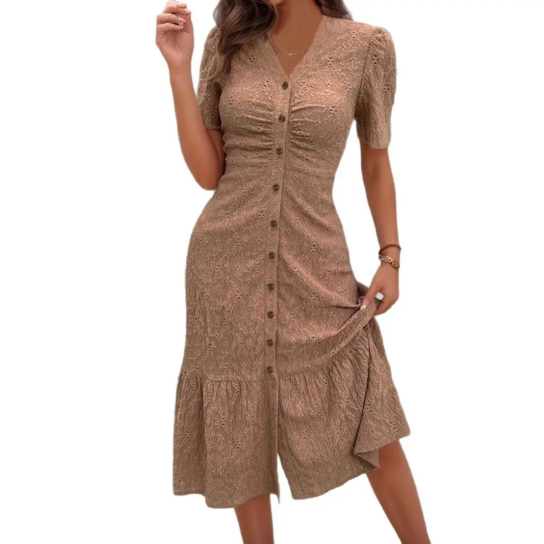 Women V-Neck Button Dress Light Green Side Slit