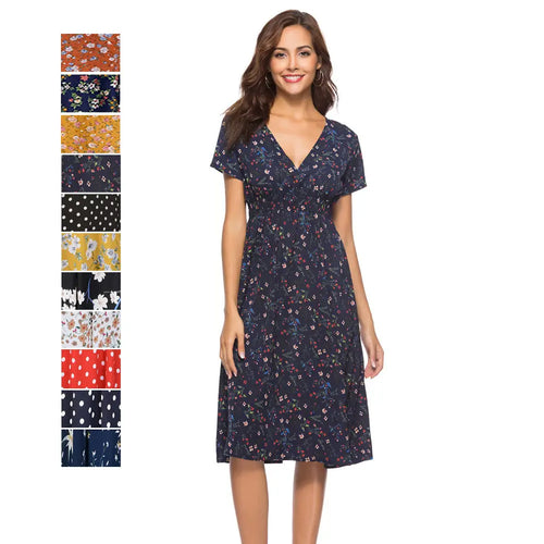 V-Neck Chiffon Printed Dress for Women Summer Wear