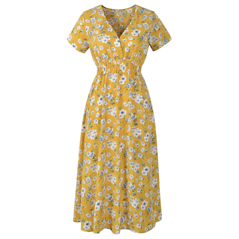 V-Neck Chiffon Printed Dress for Women Summer Wear