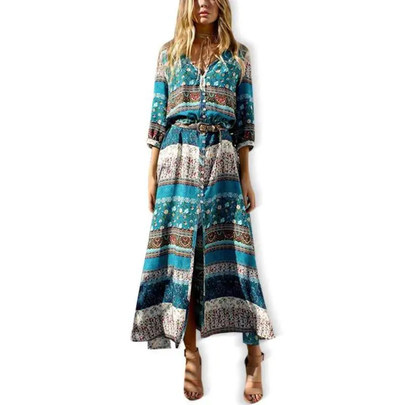 Bohemian Printed V-Neck Dress Blue White Earthy Tones