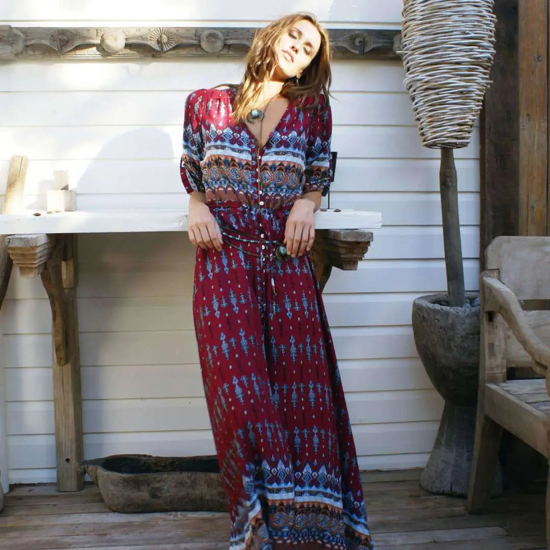 Bohemian Printed V-Neck Dress Blue White Earthy Tones