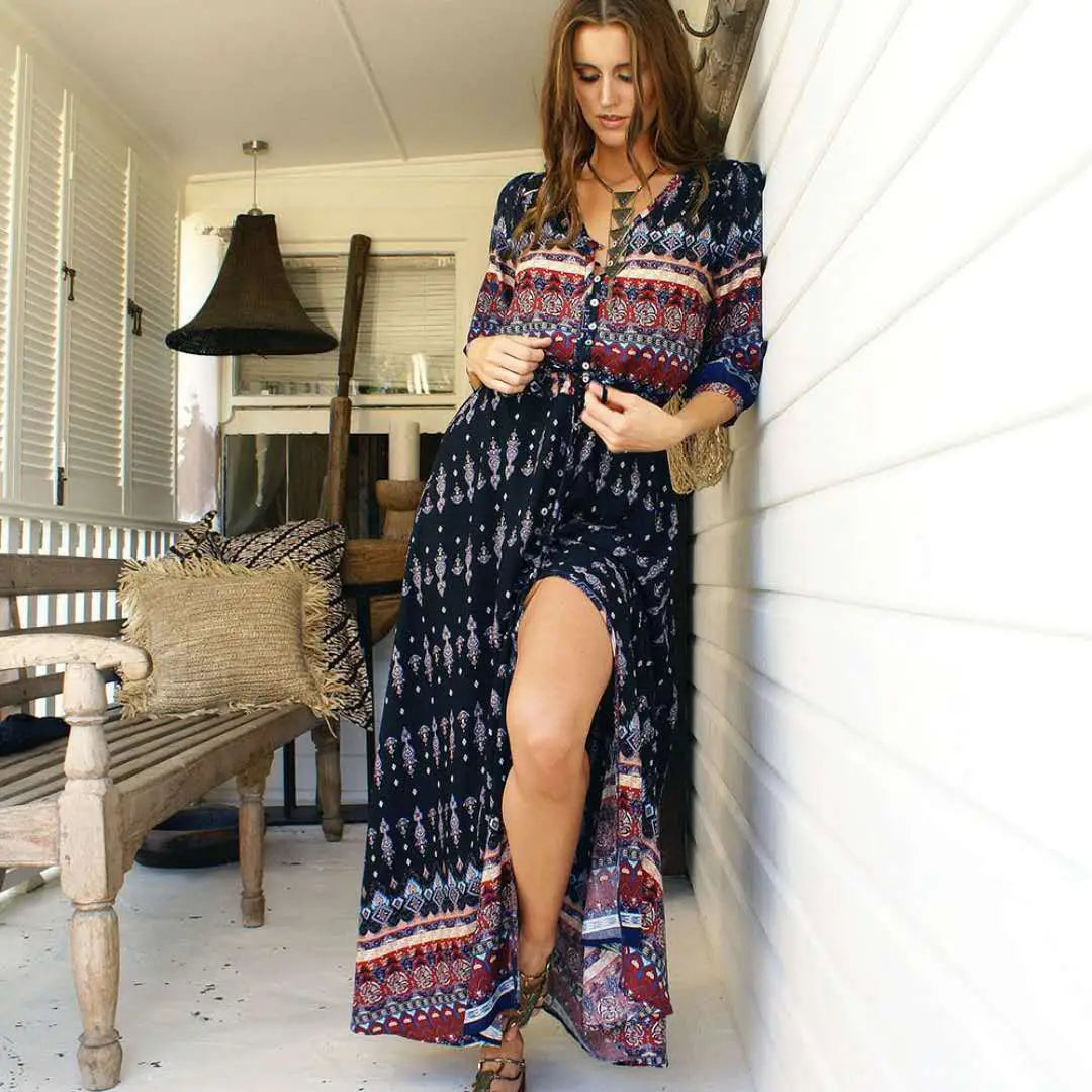 Bohemian Printed V-Neck Dress Blue White Earthy Tones