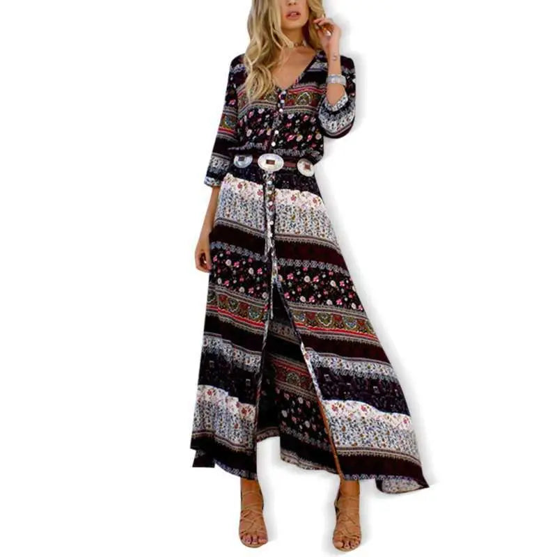 Bohemian Printed V-Neck Dress Blue White Earthy Tones