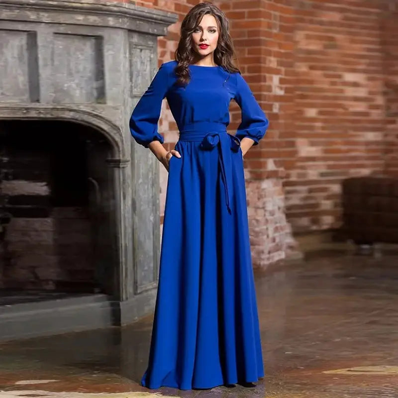 Red Long Dress with Lantern Sleeves for Women
