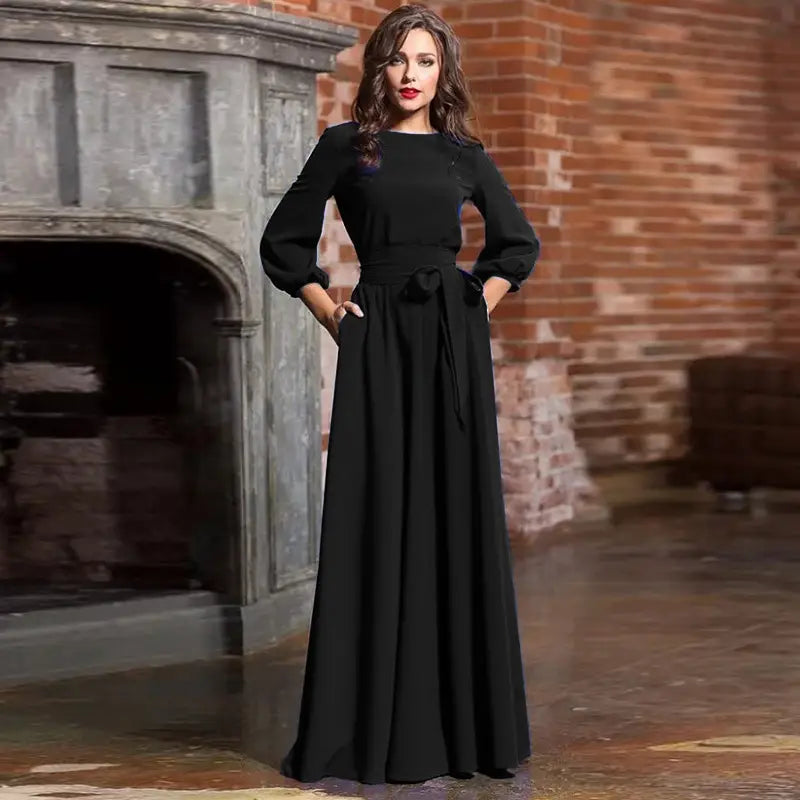 Red Long Dress with Lantern Sleeves for Women