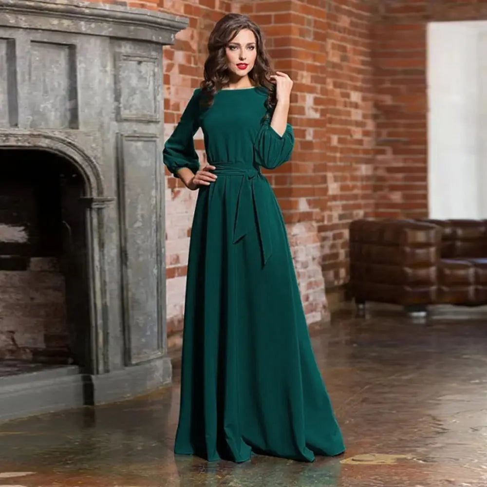 Red Long Dress with Lantern Sleeves for Women
