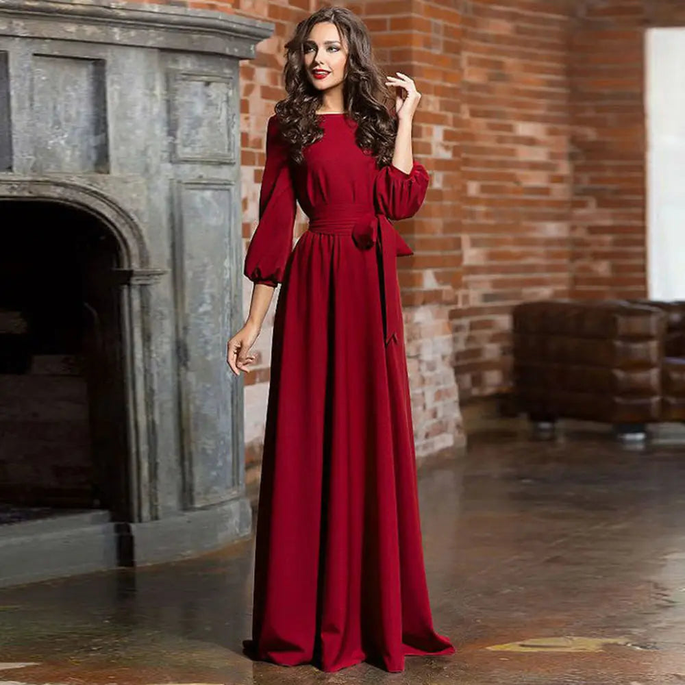 Red Long Dress with Lantern Sleeves for Women