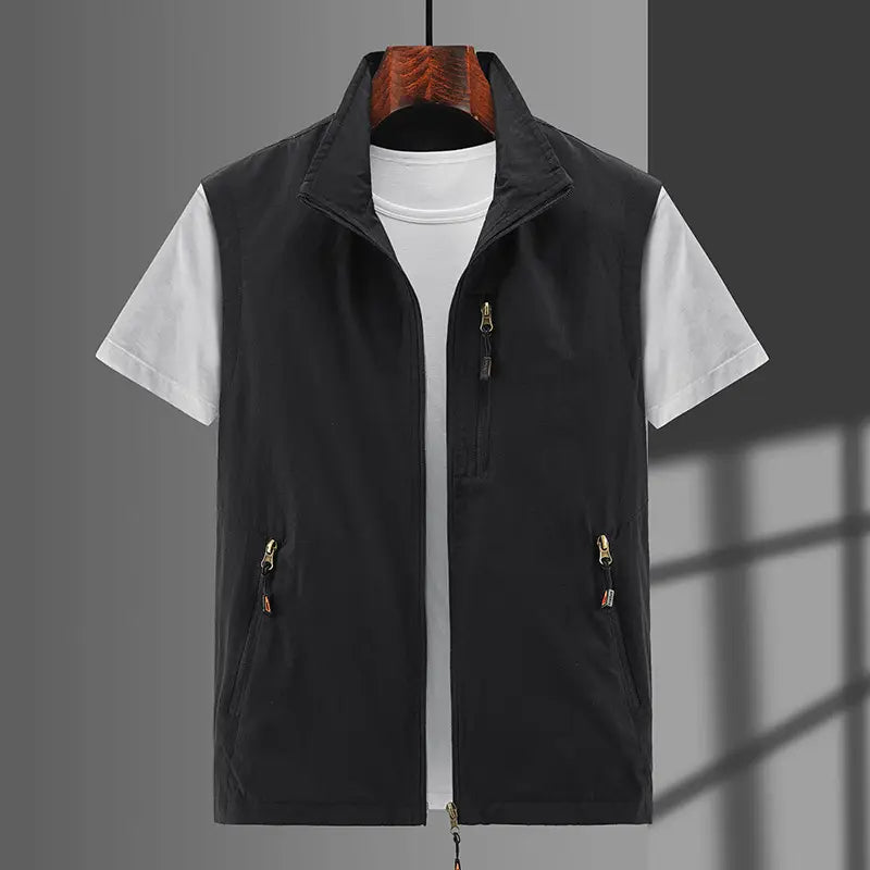 Men Olive Zip Front Vest Outdoor Casual