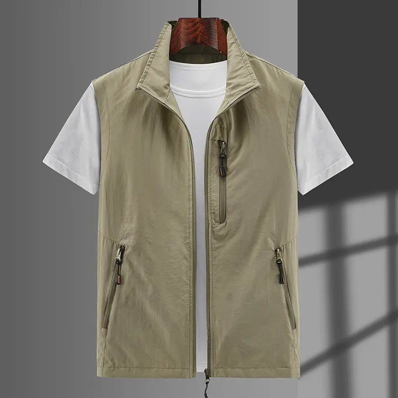 Men Olive Zip Front Vest Outdoor Casual