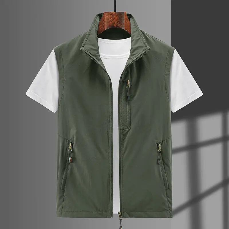 Men Olive Zip Front Vest Outdoor Casual