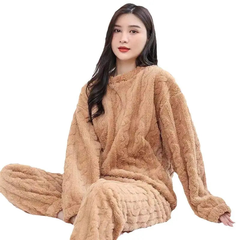 Pink Flannel Warm Winter Loungewear Suit for Women