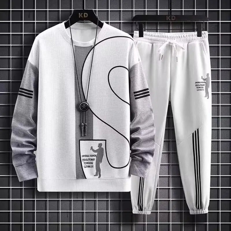Men Waffle Long Sleeve Track Suit White Plus Size Autumn