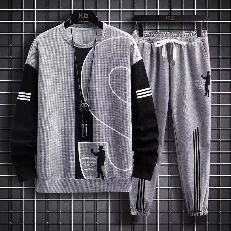Men Waffle Long Sleeve Track Suit White Plus Size Autumn