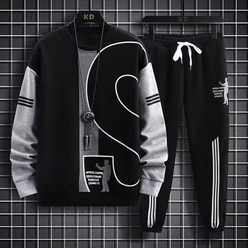 Men Waffle Long Sleeve Track Suit White Plus Size Autumn