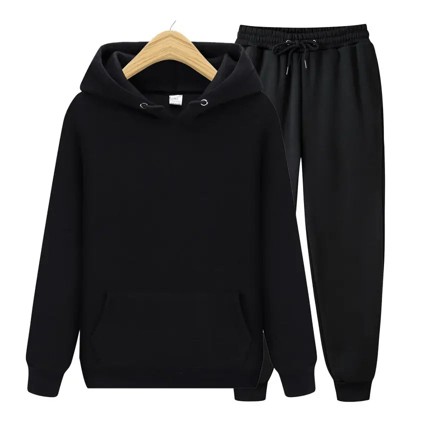 Men Black Fleece Hoodie Pants Sports Suit Autumn