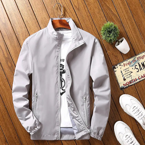 Men Stand Collar Jacket Navy Blue Plus Size Spring Autumn