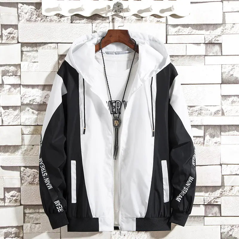 Men's Korean Style Hooded Jacket White Black Casual Spring Autumn