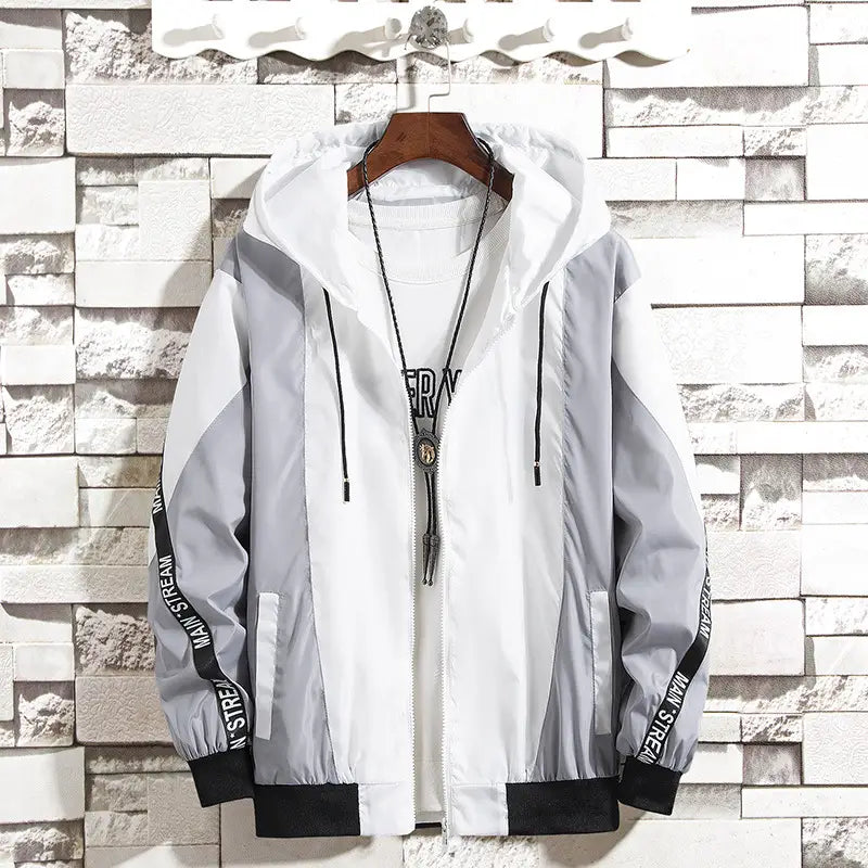 Men's Korean Style Hooded Jacket White Black Casual Spring Autumn