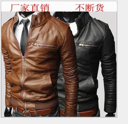 Men's Slim Fit Leather Jacket Brown Black All Seasons