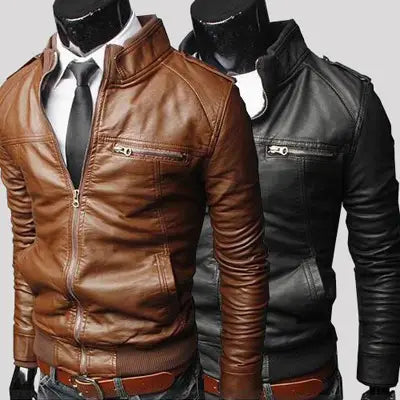 Men's Slim Fit Leather Jacket Brown Black All Seasons