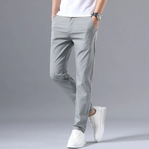 Men Slim Fit Breathable Casual Pants Grey Summer