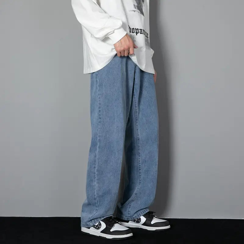 Men Loose Washed Blue Jeans Summer Korean Style