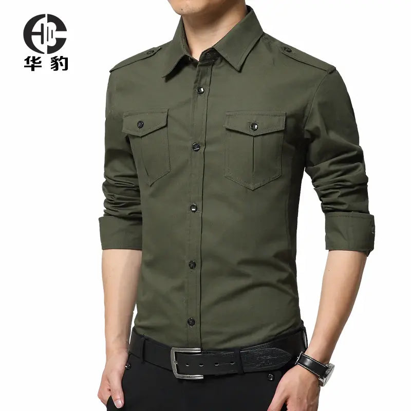 Men Military Style Slim Fit Cotton Shirt Dark Green