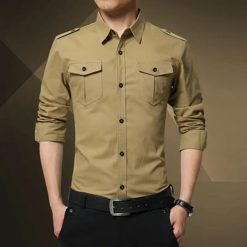 Men Military Style Slim Fit Cotton Shirt Dark Green