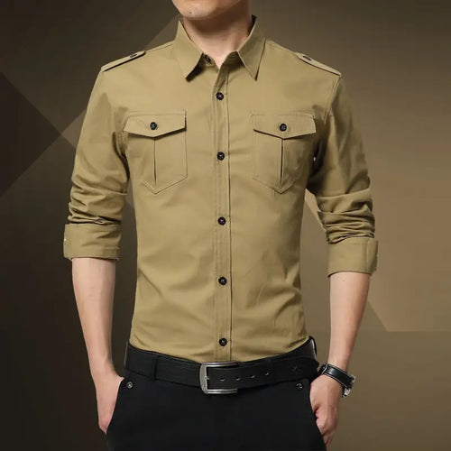 Men Military Style Slim Fit Cotton Shirt Dark Green