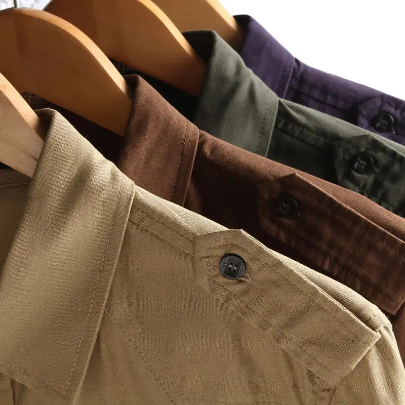 Men Military Style Slim Fit Cotton Shirt Dark Green