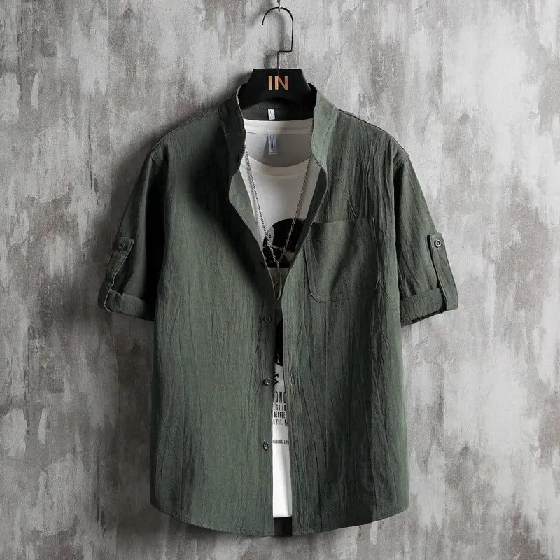 Men Plus Size Solid Green Short Sleeve Shirt Summer Cotton