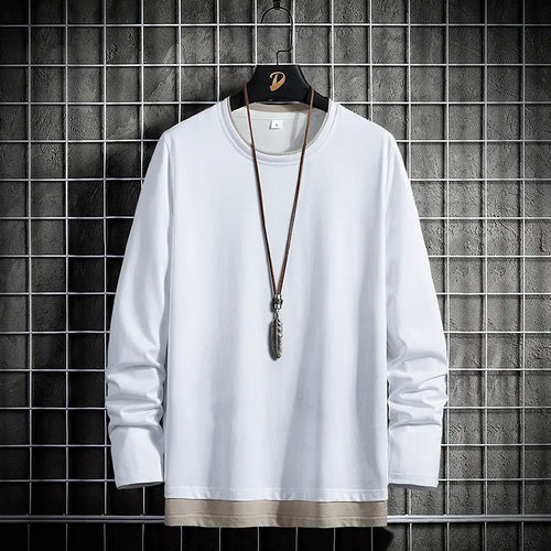 Men Pure Cotton Long Sleeve T-Shirt White Round Neck