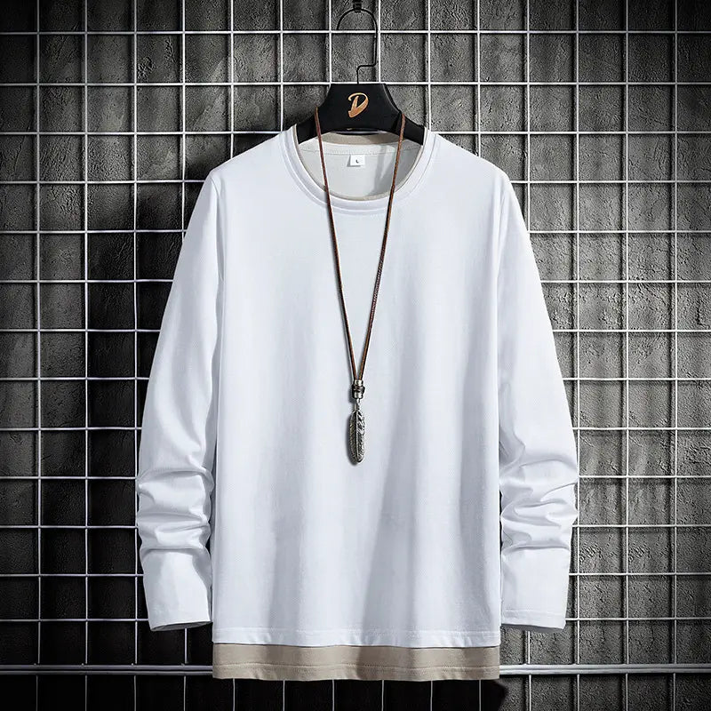 Men Pure Cotton Long Sleeve T-Shirt White Round Neck