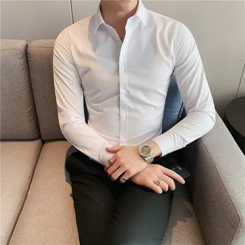 Men Slim Fit Long Sleeve Business Shirt White Plus Size