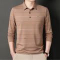 Men Striped Long Sleeve Polo Shirt Grey Autumn